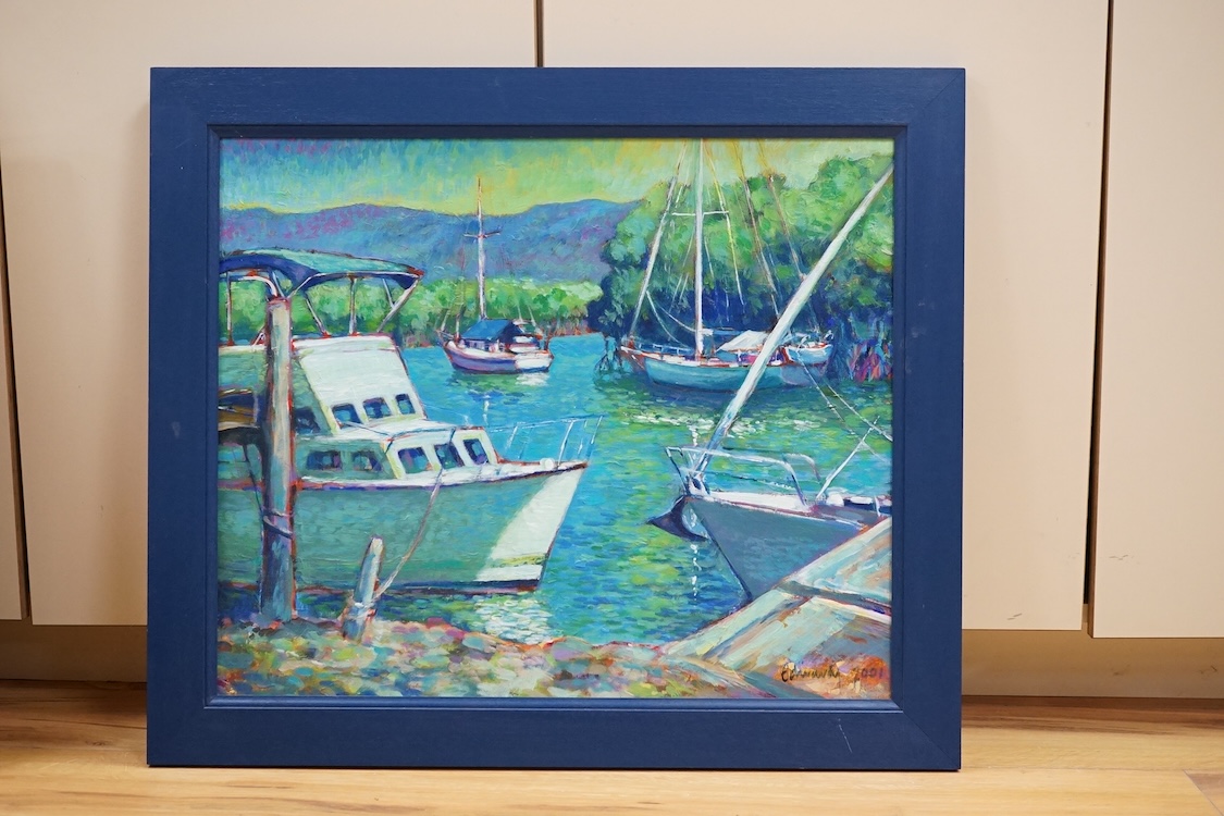 Des Spencer (Australian b.1963), overpainted and embellished giclee print on canvas, Sydney Opera House, together with Edwards, Moored boats in creek, signed and dated 2001, largest 48 x 59cm. Condition - good